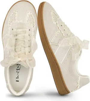 Casual Sneakers for Women Lace Detail – Elegant Ribbon Lace-Up Womens Sneakers with Leather Upper Memory Foam Insole and Slip On Casual Shoes for Women