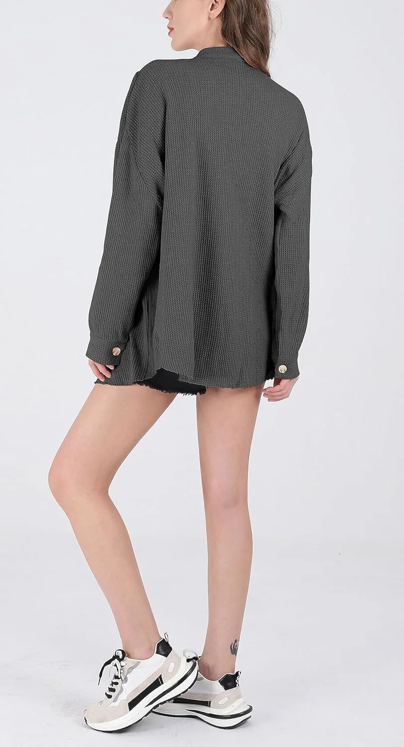 chouyatou Women's Loose Fit Batwing Sleeve Waffle Knit Button Down Shirt Shacket Tops