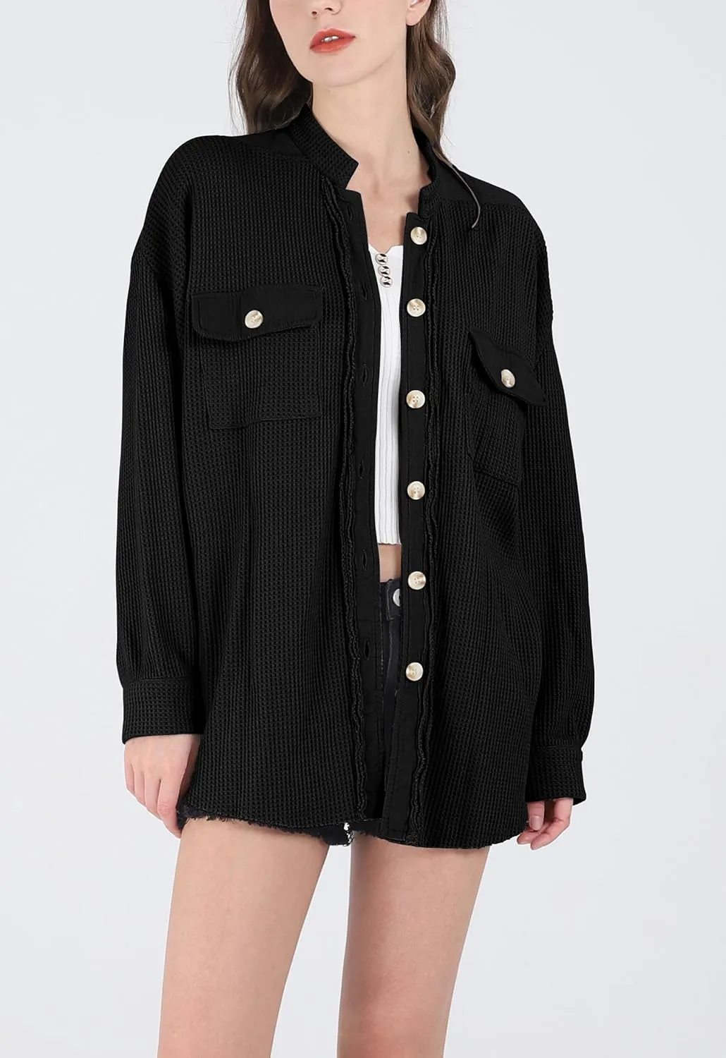 chouyatou Women's Loose Fit Batwing Sleeve Waffle Knit Button Down Shirt Shacket Tops