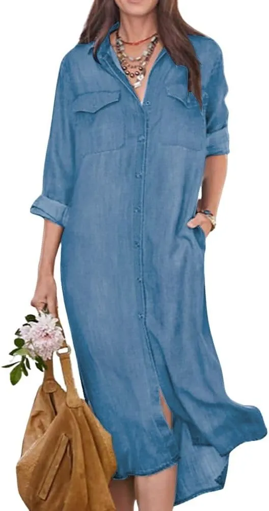chouyatou Women's Summer Casual Denim Shirt Dress Roll Up Long Sleeve Loose Maxi Shift Jean Dress