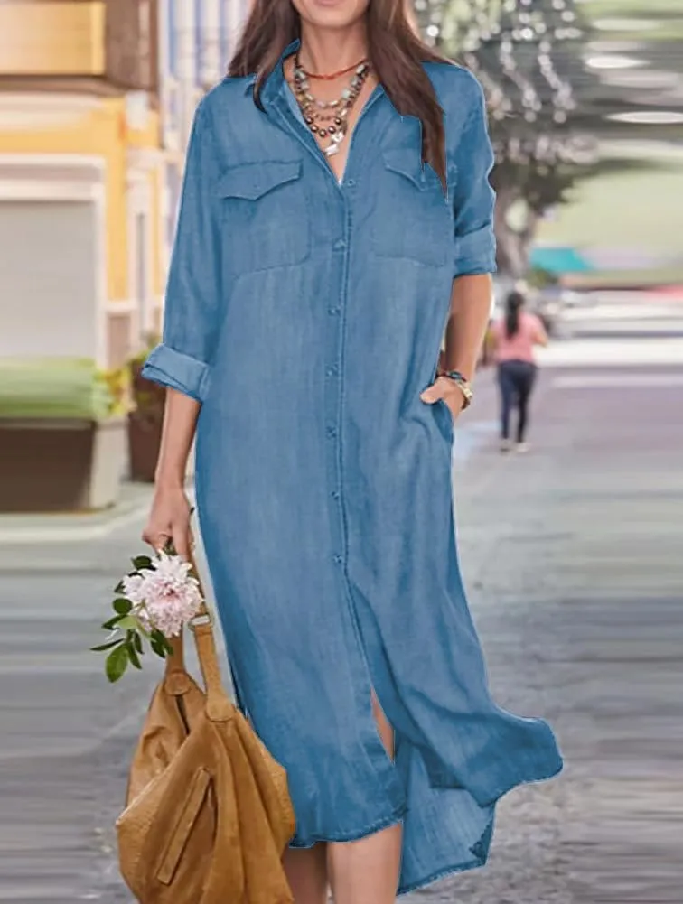 chouyatou Women's Summer Casual Denim Shirt Dress Roll Up Long Sleeve Loose Maxi Shift Jean Dress