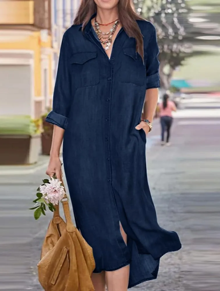 chouyatou Women's Summer Casual Denim Shirt Dress Roll Up Long Sleeve Loose Maxi Shift Jean Dress