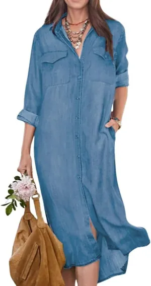 chouyatou Women's Summer Casual Denim Shirt Dress Roll Up Long Sleeve Loose Maxi Shift Jean Dress