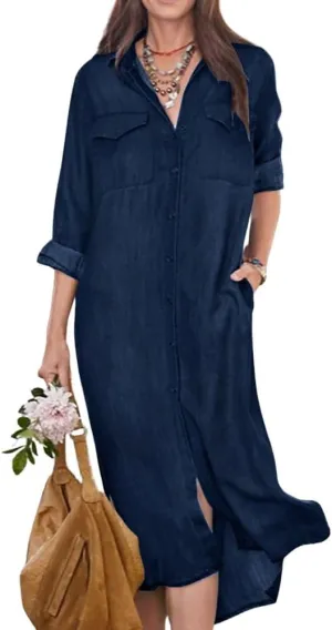 chouyatou Women's Summer Casual Denim Shirt Dress Roll Up Long Sleeve Loose Maxi Shift Jean Dress