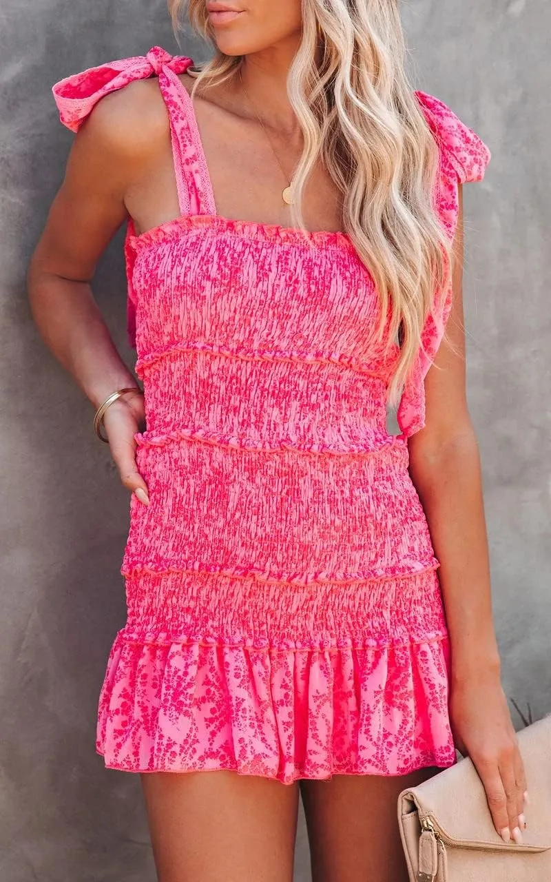 chouyatou Women's Summer Floral Spaghetti Strap Square Neck Ruffle Tie Mini Smocked Dress