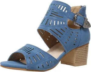 Chunky Heeled Sandals for Women Open Toe Bohemian Cutout Summer Block Heeled Sandals Slingback Low Heel Ankle Buckle Strap Booties Elegant Trendy Comfortable Lightweight Sandal Work Wedding Going Out