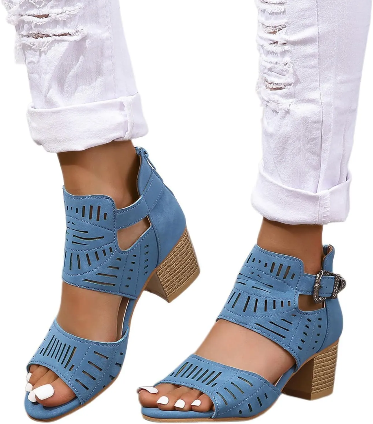 Chunky Heeled Sandals for Women Open Toe Bohemian Cutout Summer Block Heeled Sandals Slingback Low Heel Ankle Buckle Strap Booties Elegant Trendy Comfortable Lightweight Sandal Work Wedding Going Out