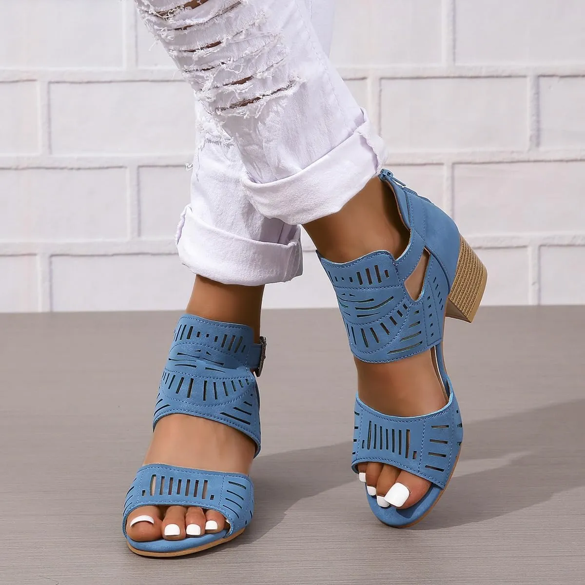 Chunky Heeled Sandals for Women Open Toe Bohemian Cutout Summer Block Heeled Sandals Slingback Low Heel Ankle Buckle Strap Booties Elegant Trendy Comfortable Lightweight Sandal Work Wedding Going Out