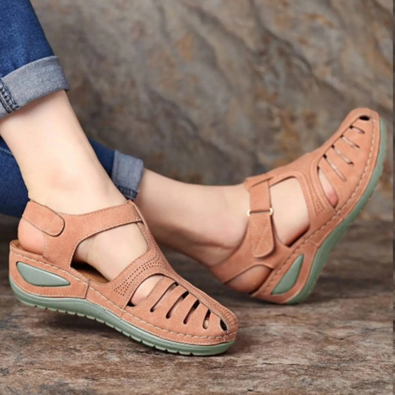 Closed Toe Sandals for Women Arch Support Sandals Dressy Summer Ankle Strap Non-Slip Hollow Out Wedge Beach Sandal