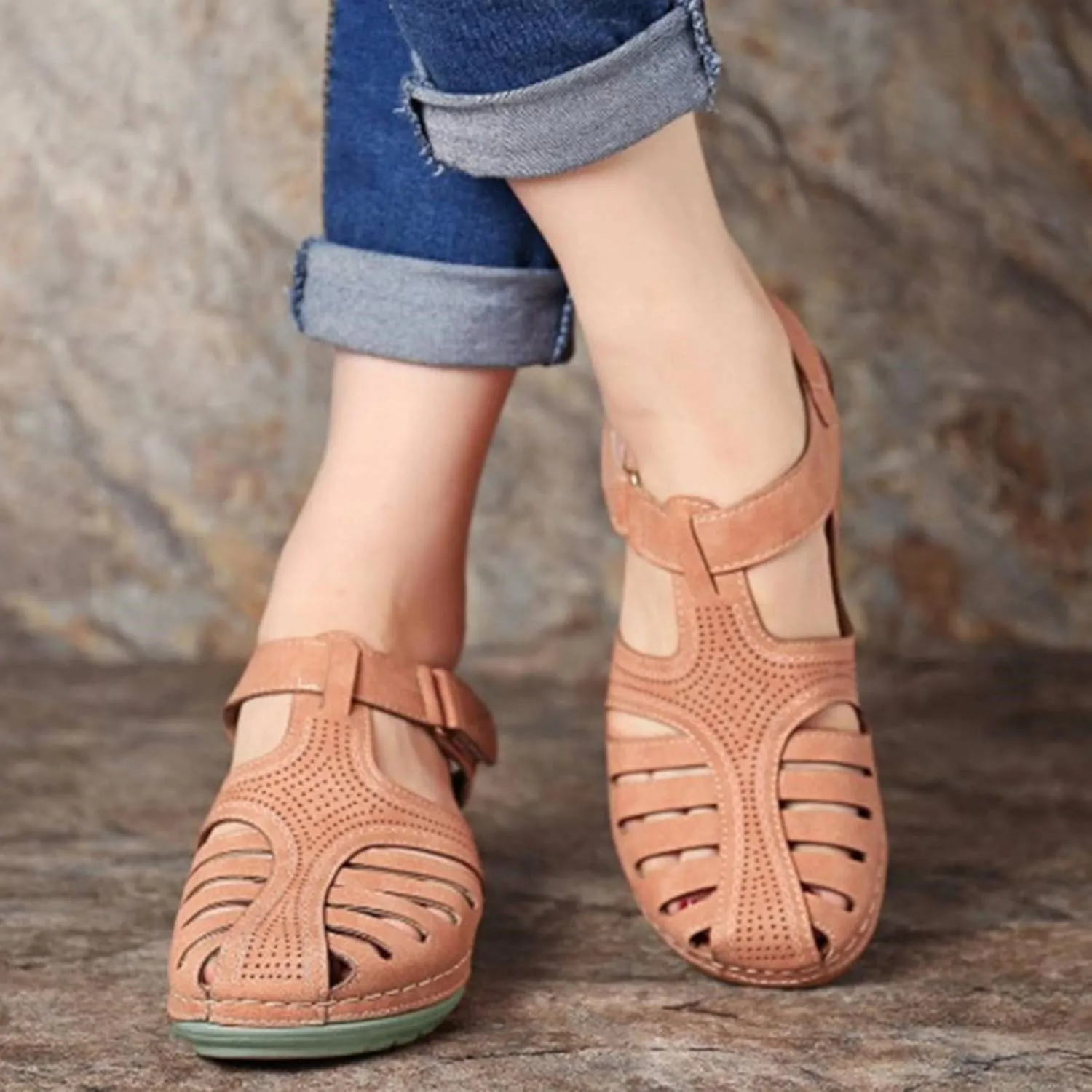 Closed Toe Sandals for Women Arch Support Sandals Dressy Summer Ankle Strap Non-Slip Hollow Out Wedge Beach Sandal