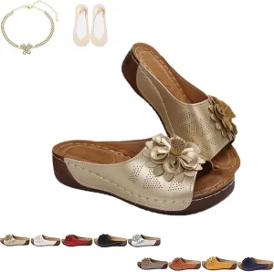 Comfortable Non-Slip Solid Color Open-Toe Wedge Sandals for Women, Women's Lightweight Flowers Open Toe Sandals, Mesh Slip-on Wide Casual Slip Arch Support Orthopedic Slides