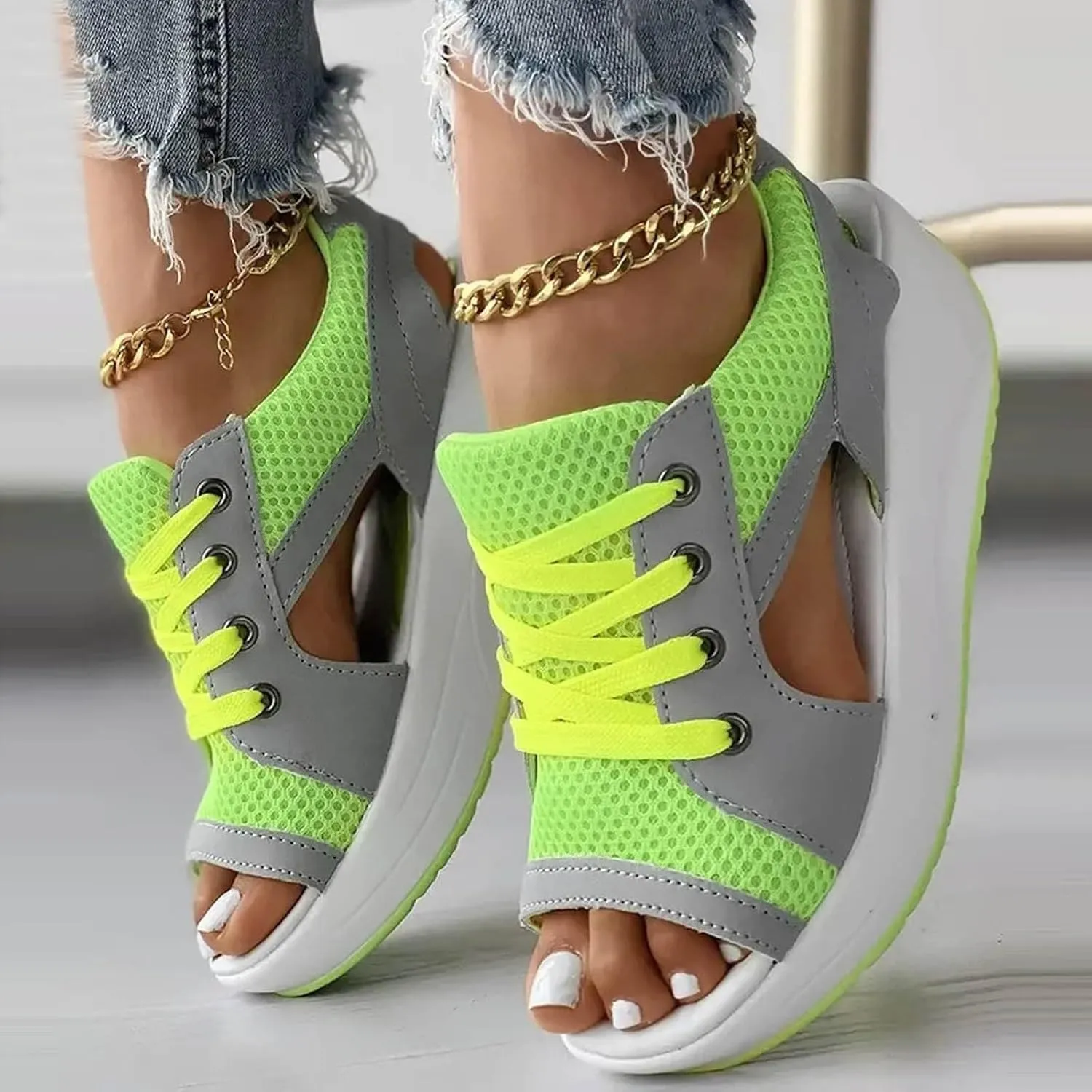Contrast Paneled Cutout Lace-Up Muffin Sandals for Women Causal Summer Open Toe Platform Muffin Sandal Shoes