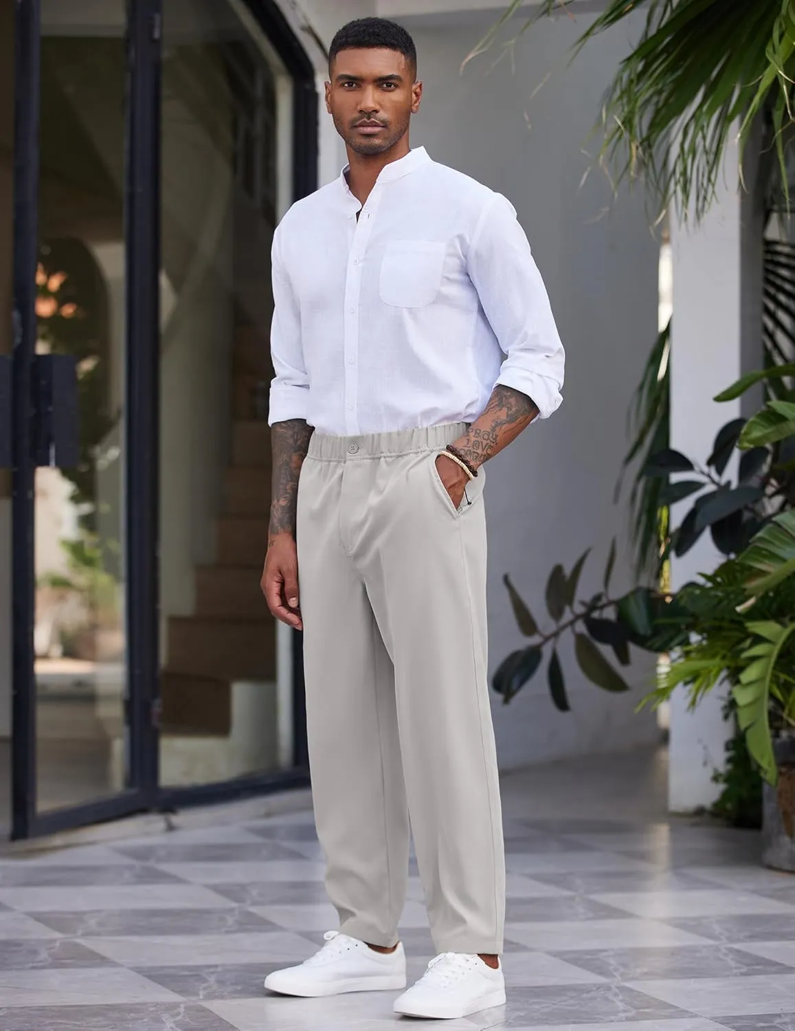 COOFANDY Men's Casual Pants Relaxed Fit Flat Front Expandable Waist Chino Slack Trousers