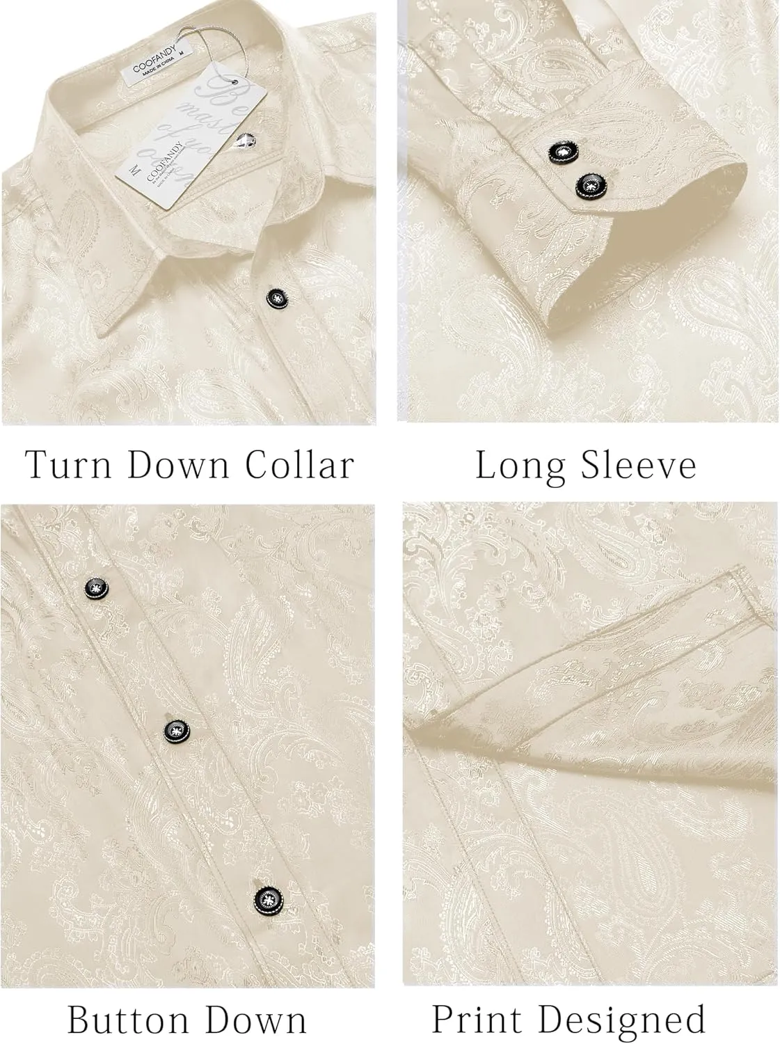 COOFANDY Men's Silk Satin Dress Shirt Long Sleeve Floral Printed Shirt Paisley Button Down Shirts for Wedding Party Prom