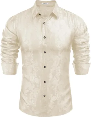 COOFANDY Men's Silk Satin Dress Shirt Long Sleeve Floral Printed Shirt Paisley Button Down Shirts for Wedding Party Prom