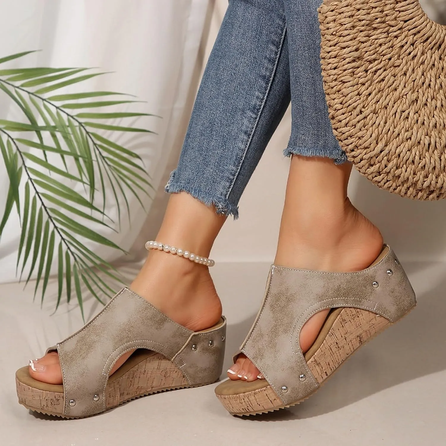 Cork Wedge Sandals for Women 2025 Summer Casual Trendy Comfy Wide Foot Thick Sole Leather Wedge Platform Sandals