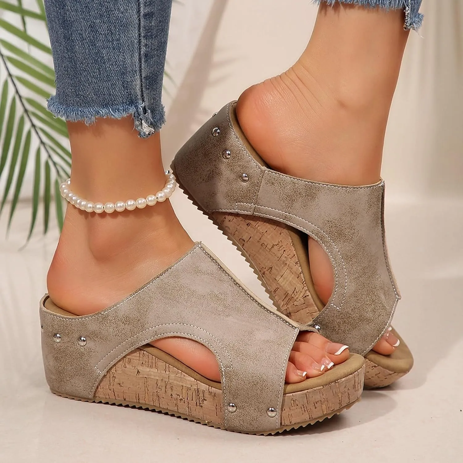 Cork Wedge Sandals for Women 2025 Summer Casual Trendy Comfy Wide Foot Thick Sole Leather Wedge Platform Sandals