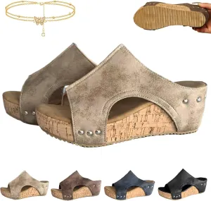 Cork Wedges & Platform Slides, Women's Thick Sole Comfort Leather Non-Slip Wedge Heel Slip-On Sandals