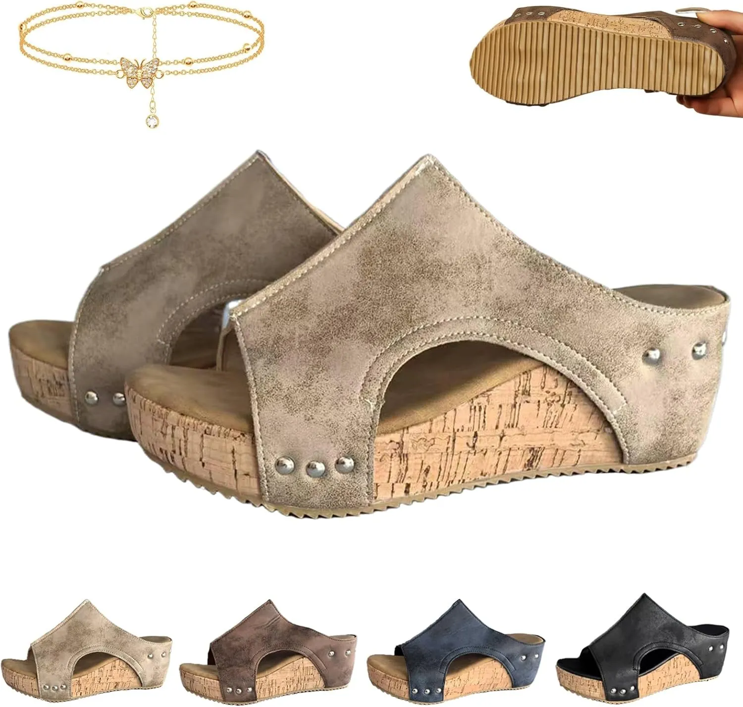 Cork Wedges & Platform Slides, Women's Thick Sole Comfort Leather Non-Slip Wedge Heel Slip-On Sandals