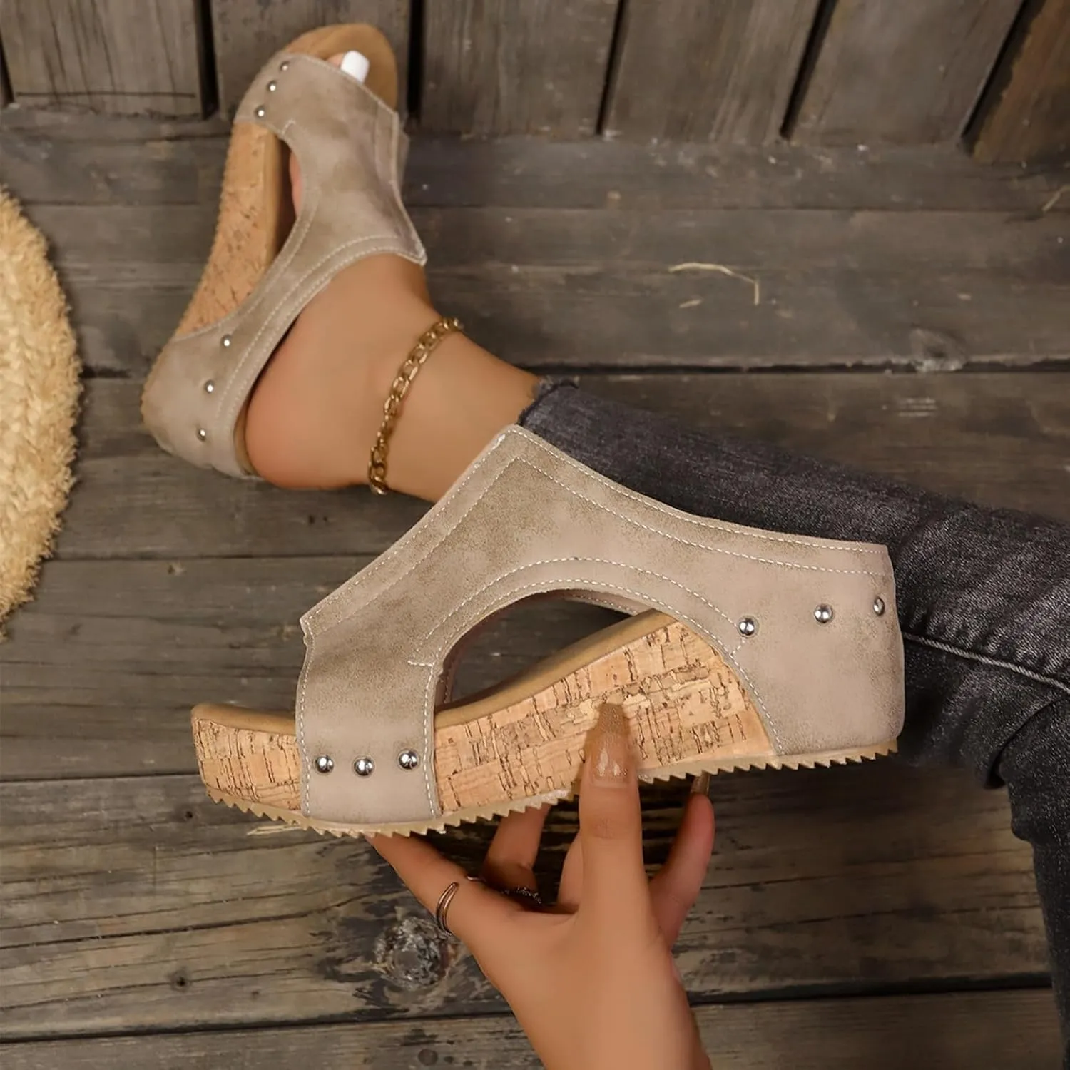 Cork Wedges & Platform Slides, Women's Thick Sole Comfort Leather Non-Slip Wedge Heel Slip-On Sandals