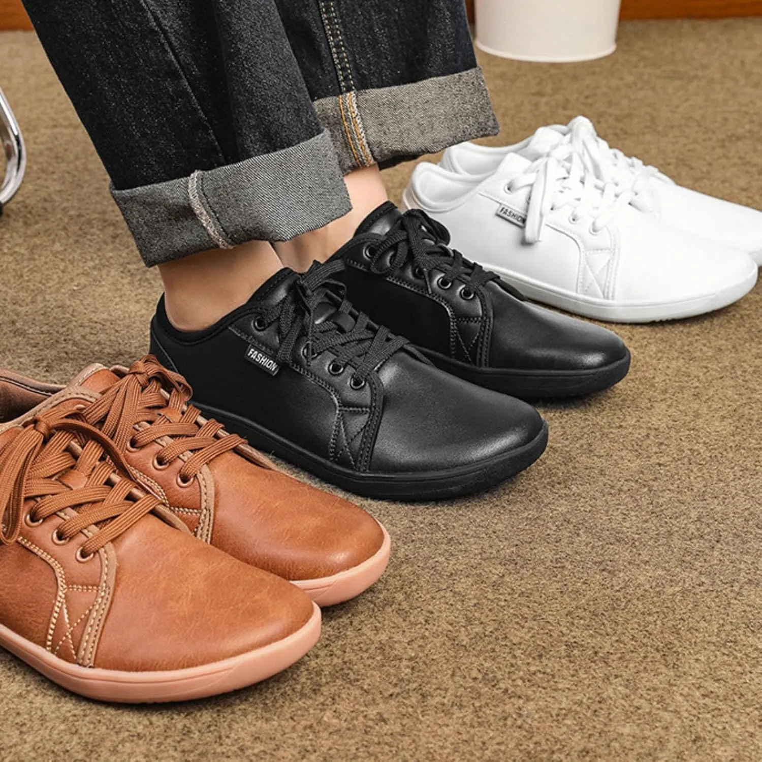 Couple Style Men's and Women's Solid Color Strap Leather Casual Shoes Large Size Barefoot Shoes Slip on Moccasins Men