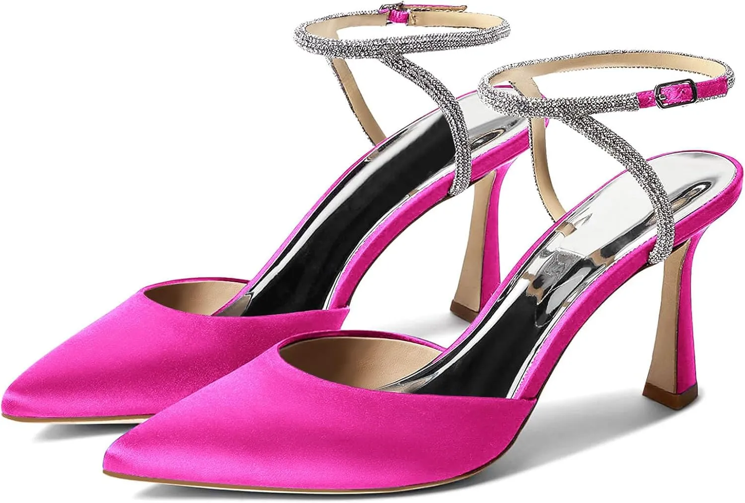 Coutgo Women Rhinestone Heels Kitten High Satin Pumps Pointed Toe Sparkly Sexy Wedding Dress Shoes