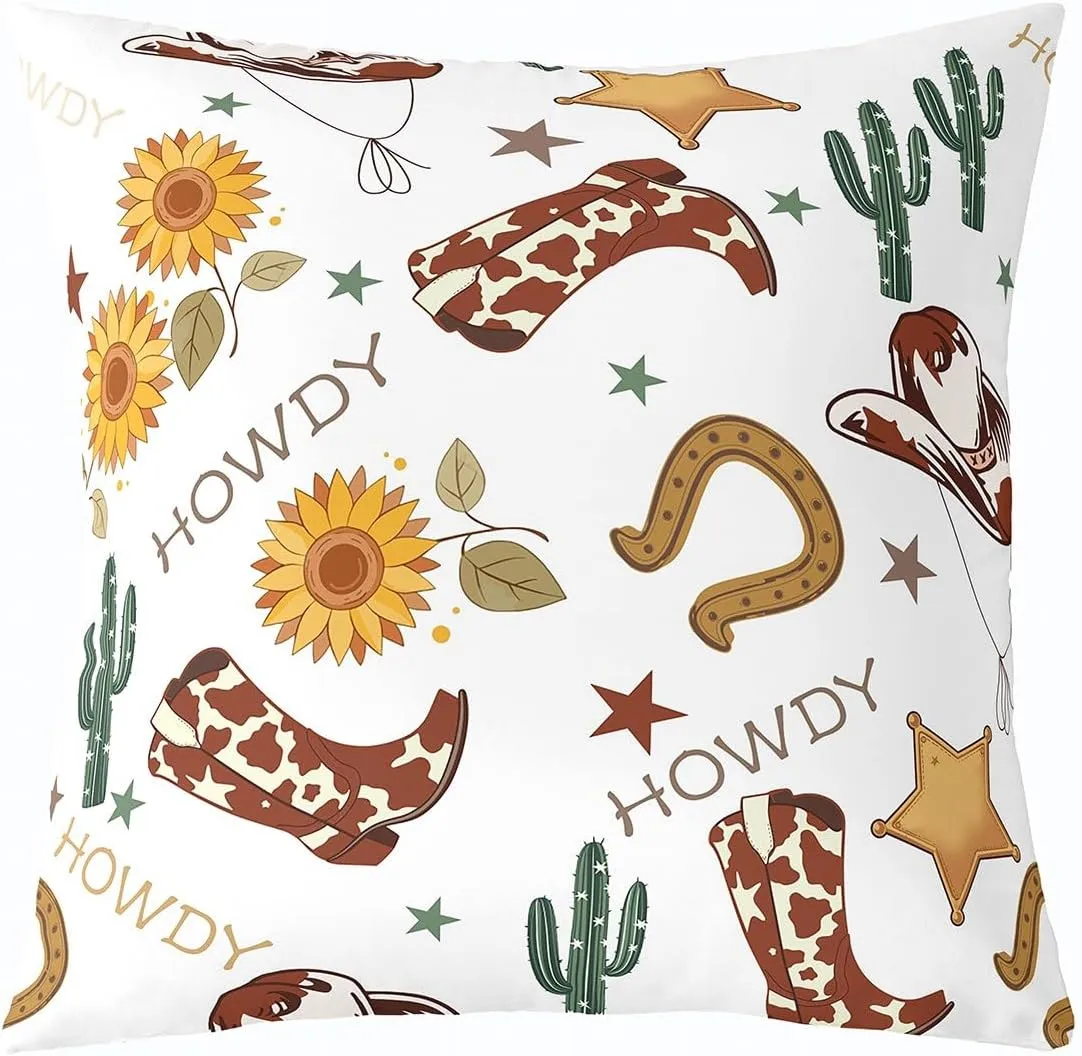 Cowboy 22"x 22" Pillow Cover for Chairs,Western Boots Hats Texas Star Horseshoe Tribal Single Pack Pillow Case Cover,Rustic Cowhide Desert Cactus Sunflower White Double Sides Print Cushion Cover
