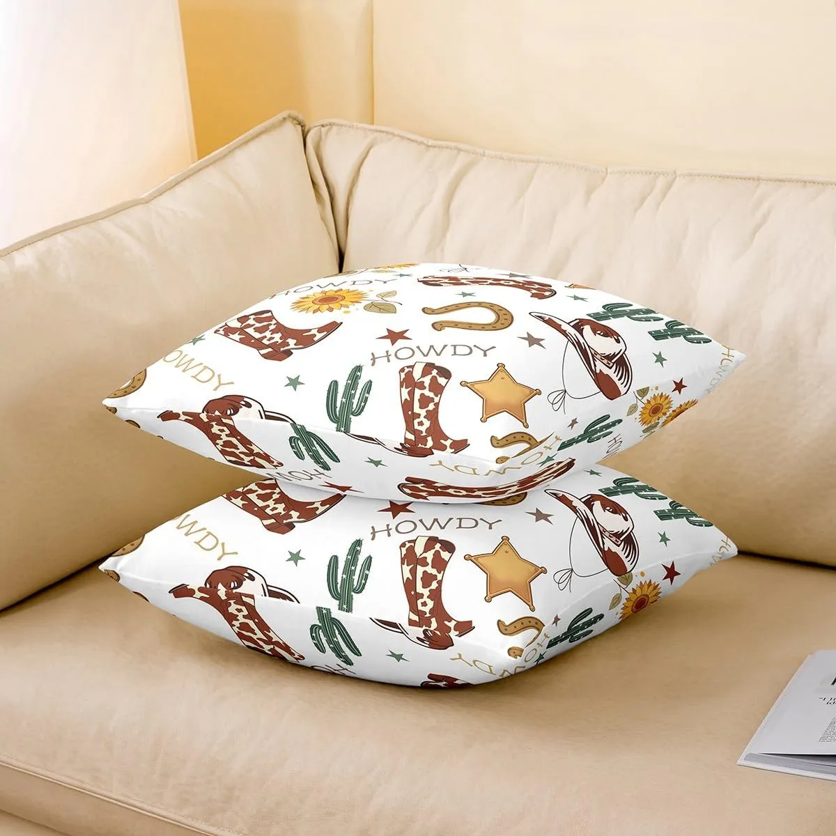 Cowboy 22"x 22" Pillow Cover for Chairs,Western Boots Hats Texas Star Horseshoe Tribal Single Pack Pillow Case Cover,Rustic Cowhide Desert Cactus Sunflower White Double Sides Print Cushion Cover