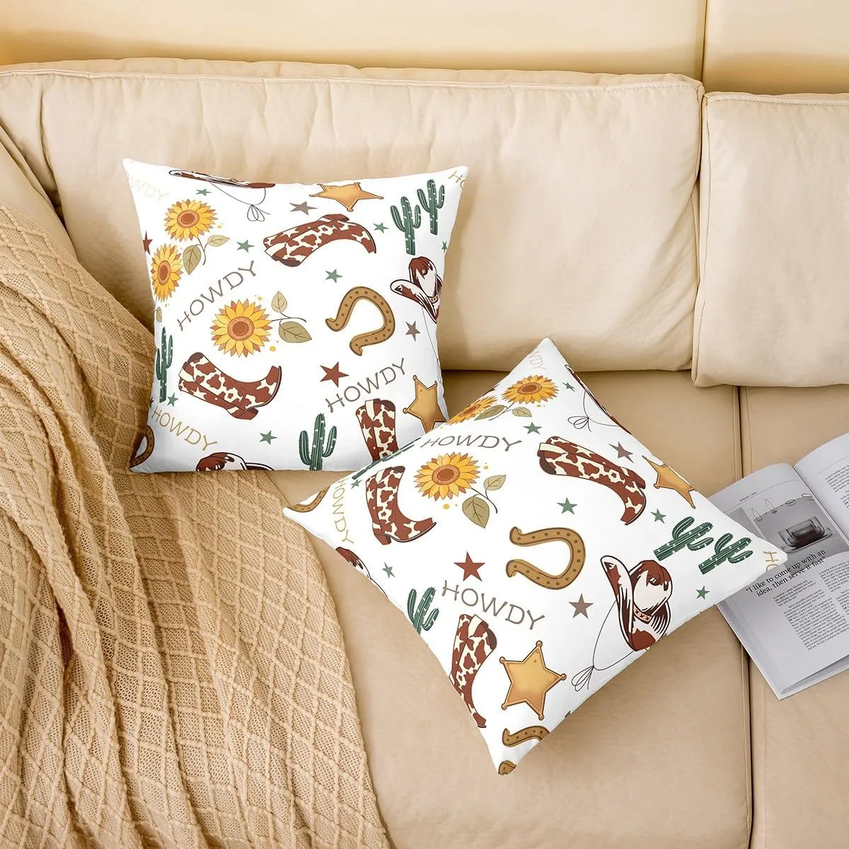 Cowboy 22"x 22" Pillow Cover for Chairs,Western Boots Hats Texas Star Horseshoe Tribal Single Pack Pillow Case Cover,Rustic Cowhide Desert Cactus Sunflower White Double Sides Print Cushion Cover