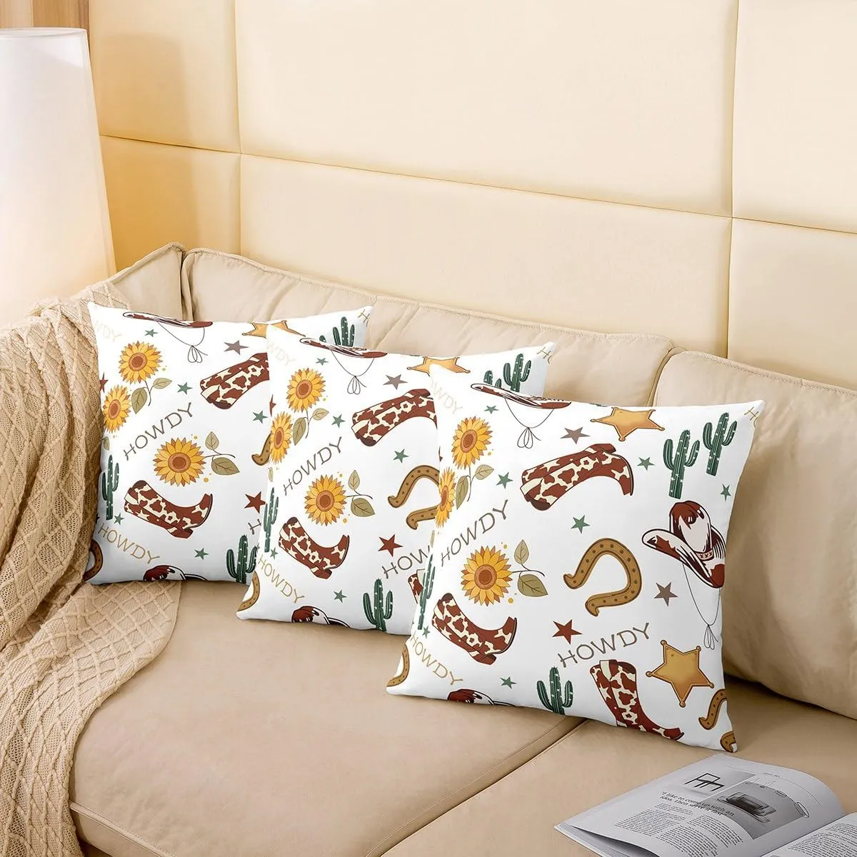Cowboy 22"x 22" Pillow Cover for Chairs,Western Boots Hats Texas Star Horseshoe Tribal Single Pack Pillow Case Cover,Rustic Cowhide Desert Cactus Sunflower White Double Sides Print Cushion Cover