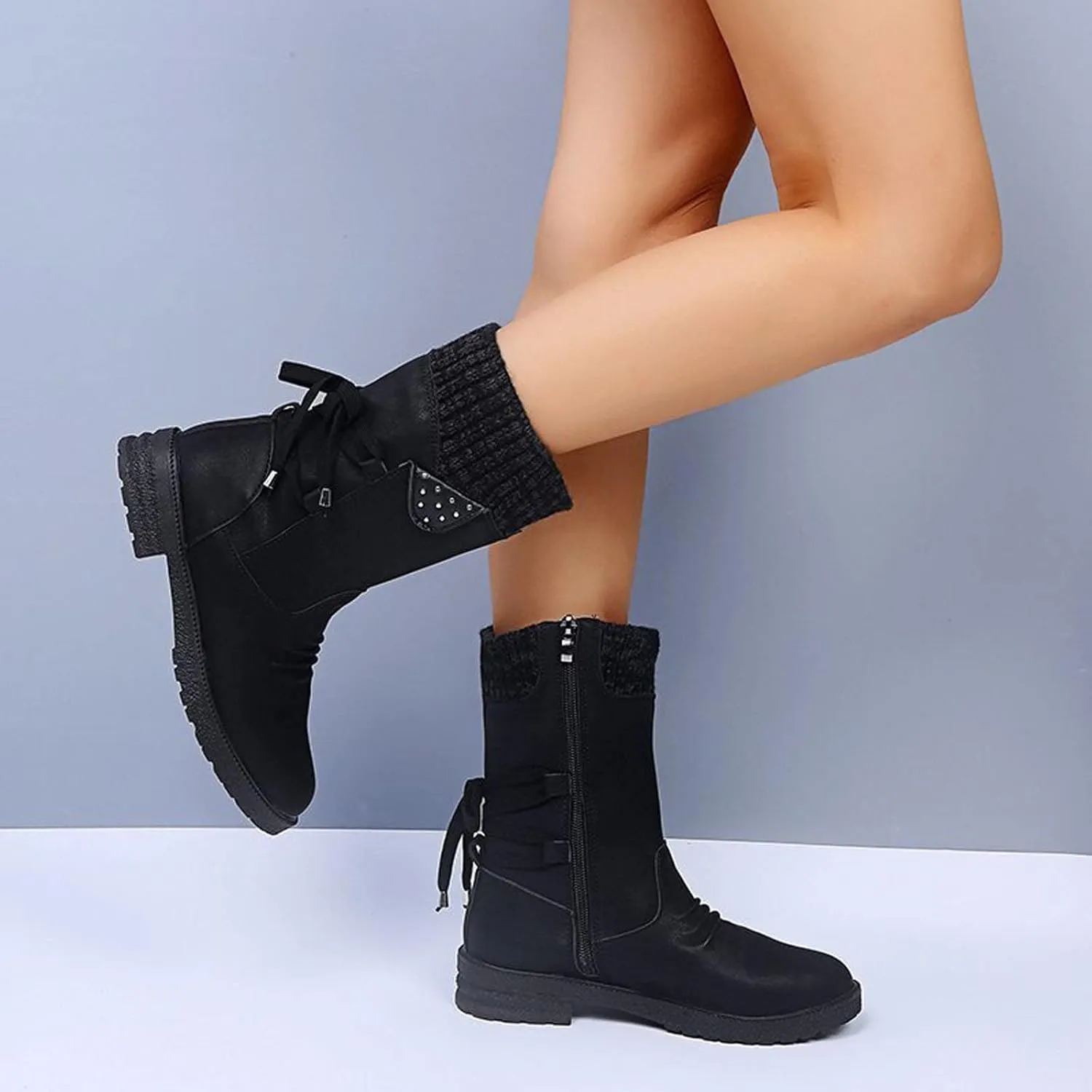 Ctreela Sock Top Boot for Women Fashion Short Combat Boots Slip On Booties with Side Zipper Low Heel Winter Ankle Booties