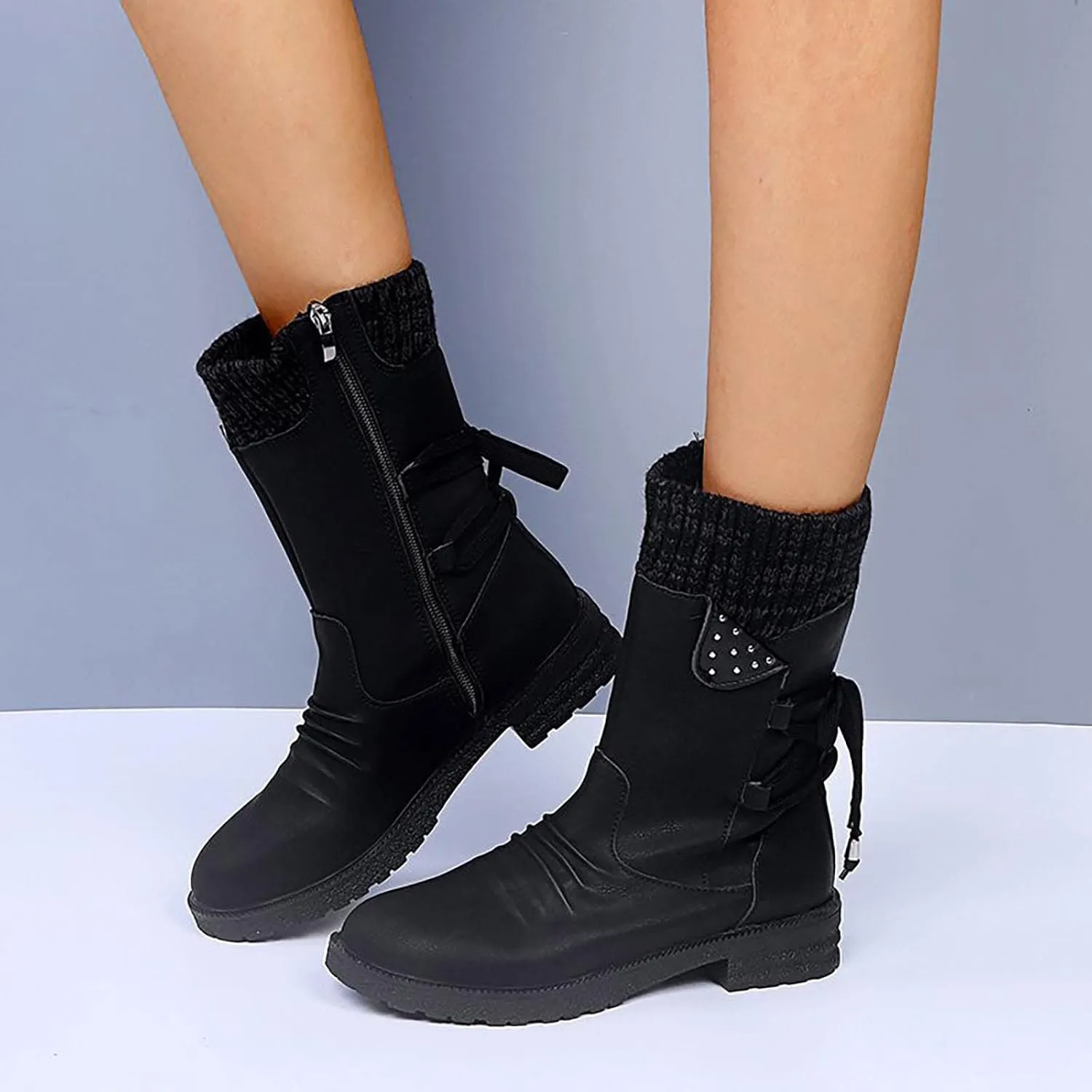 Ctreela Sock Top Boot for Women Fashion Short Combat Boots Slip On Booties with Side Zipper Low Heel Winter Ankle Booties