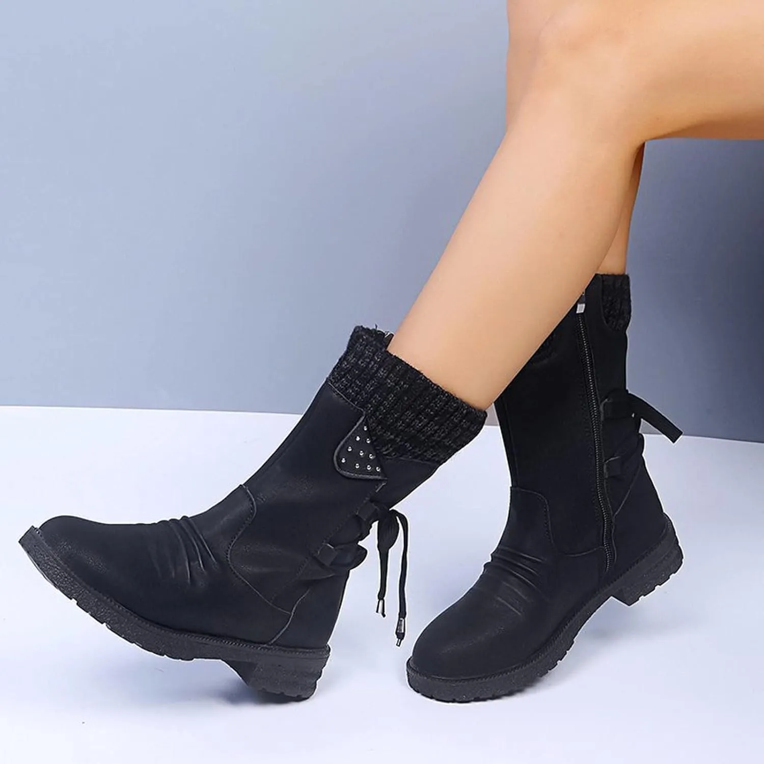 Ctreela Sock Top Boot for Women Fashion Short Combat Boots Slip On Booties with Side Zipper Low Heel Winter Ankle Booties
