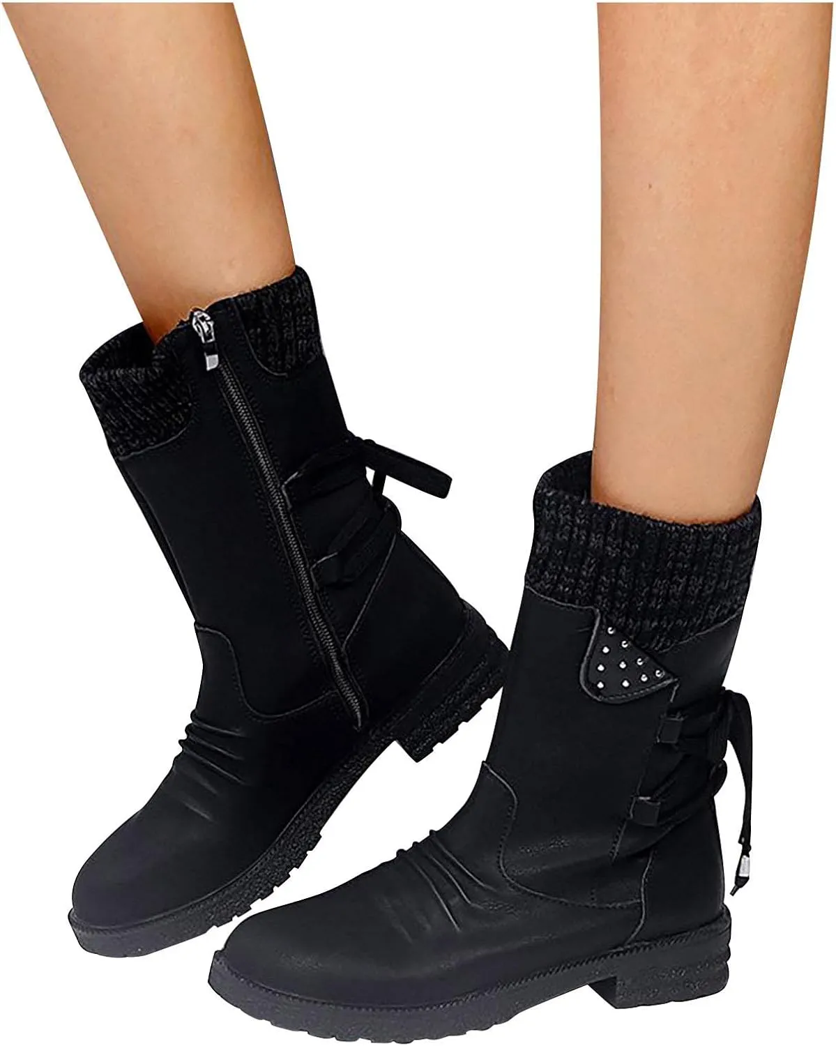 Ctreela Sock Top Boot for Women Fashion Short Combat Boots Slip On Booties with Side Zipper Low Heel Winter Ankle Booties