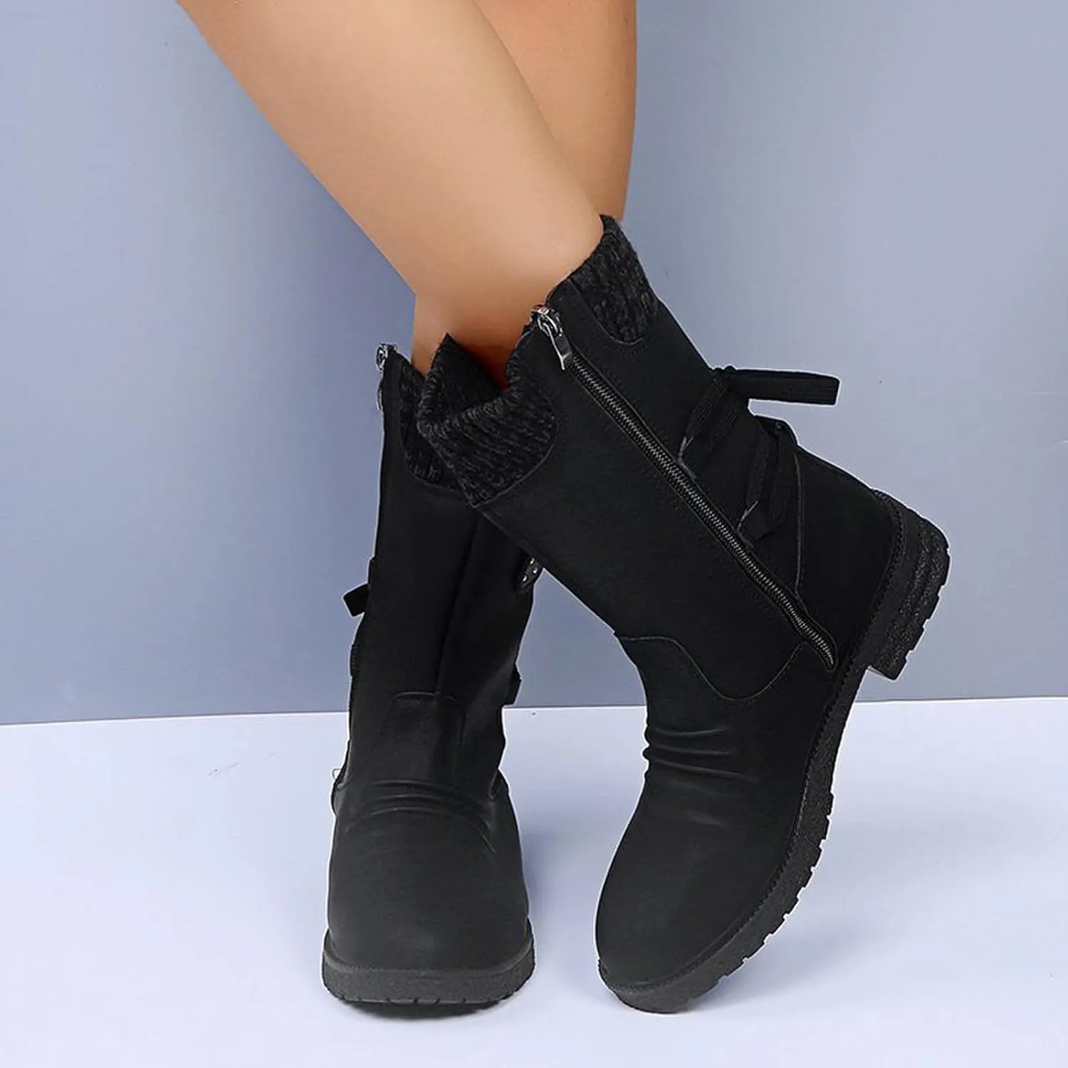 Ctreela Sock Top Boot for Women Fashion Short Combat Boots Slip On Booties with Side Zipper Low Heel Winter Ankle Booties