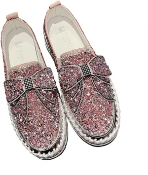 Cubicbee Women's Rhinestone Bow Platform Sneakers,Glitter Flat Walking Slip On Loafers Casual Shoes,Comfort Platform Dress Shoes