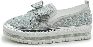 Cubicbee Women's Rhinestone Bow Platform Sneakers,Glitter Flat Walking Slip On Loafers Casual Shoes,Comfort Platform Dress Shoes