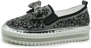 Cubicbee Women's Rhinestone Bow Platform Sneakers,Glitter Flat Walking Slip On Loafers Casual Shoes,Comfort Platform Dress Shoes