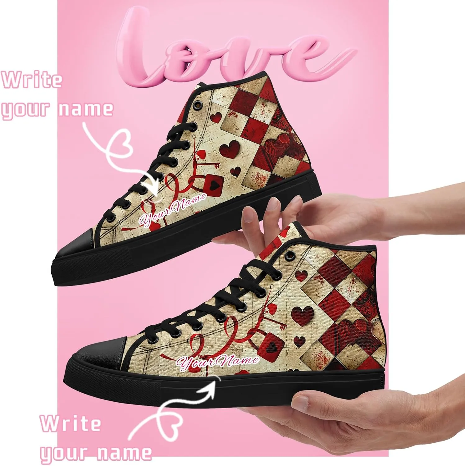 Custom Lover's Shoes for Her Him Romantic Love Design High-top Lace-up Canvas Shoes Comfort Casual Footwear Gift for Couples