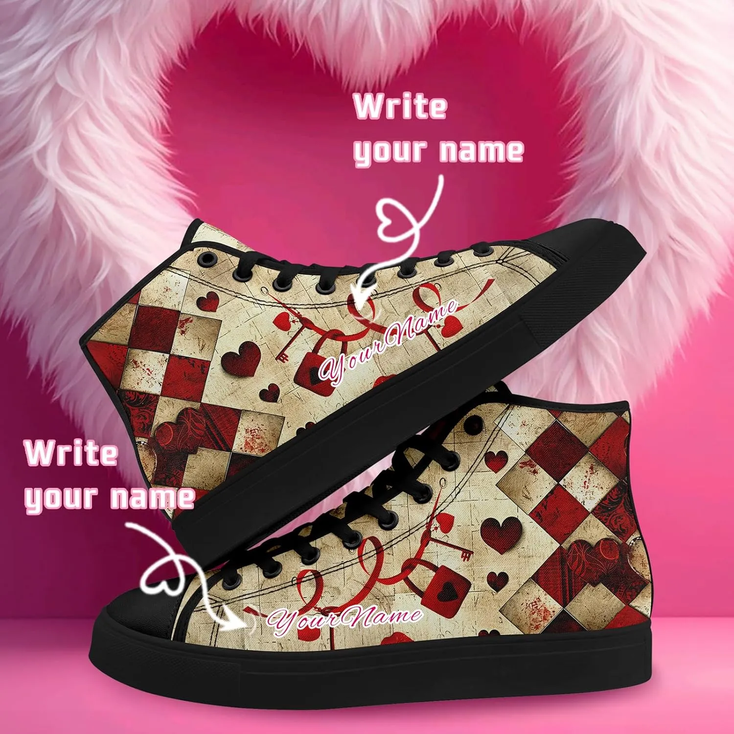 Custom Lover's Shoes for Her Him Romantic Love Design High-top Lace-up Canvas Shoes Comfort Casual Footwear Gift for Couples