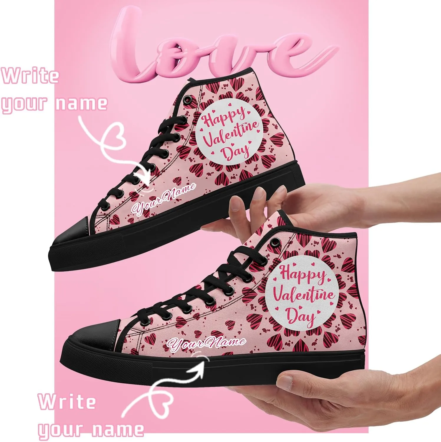 Custom Lover's Shoes for Her Him Romantic Love Design High-top Lace-up Canvas Shoes Comfort Casual Footwear Gift for Couples