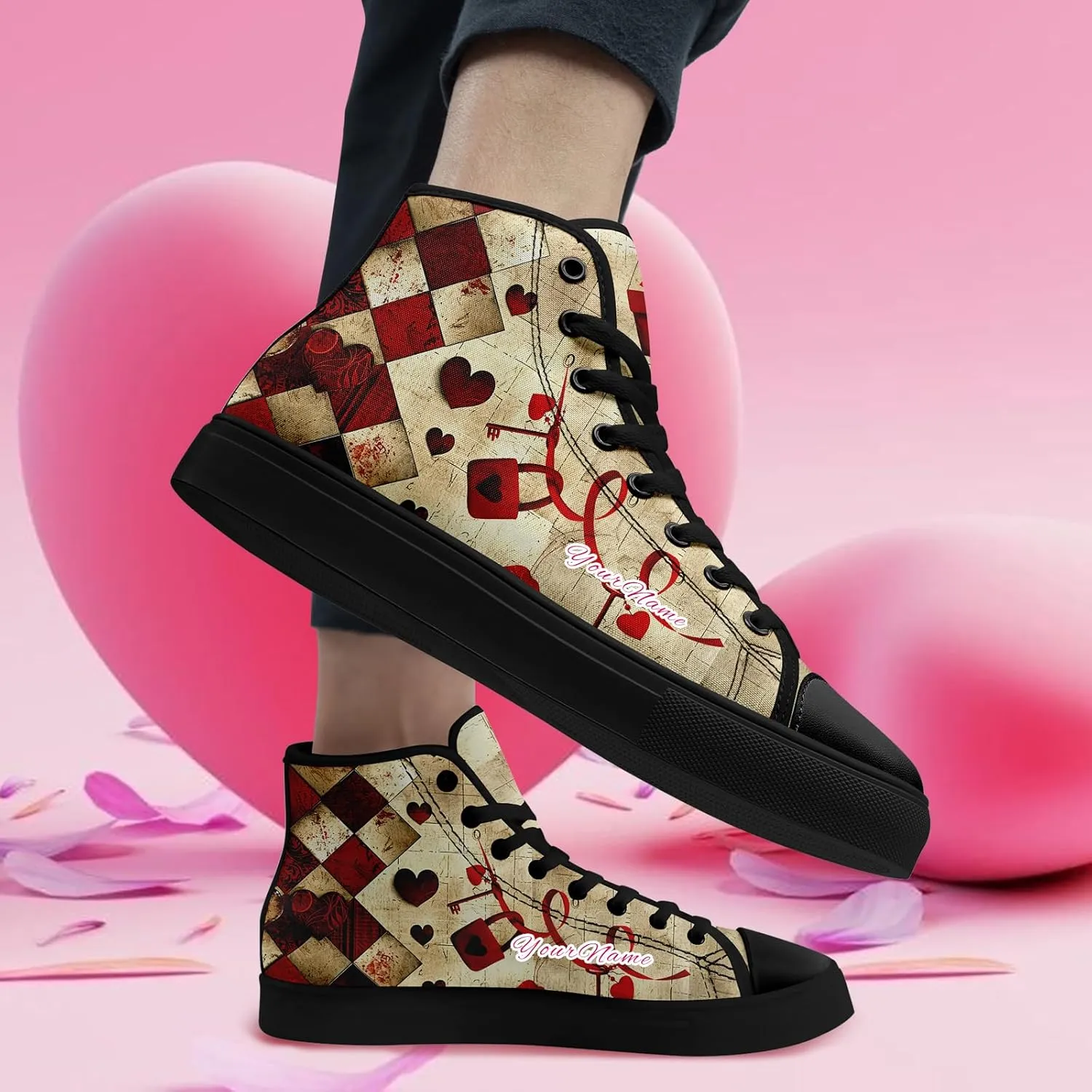 Custom Lover's Shoes for Her Him Romantic Love Design High-top Lace-up Canvas Shoes Comfort Casual Footwear Gift for Couples