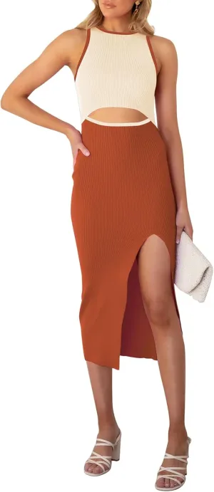 Cutiefox Women's Sleeveless Cut Out Side Slit Ribbed Knit Bodycon Tank Midi Dress