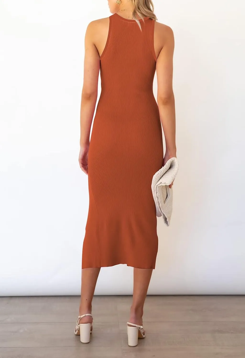Cutiefox Women's Sleeveless Cut Out Side Slit Ribbed Knit Bodycon Tank Midi Dress