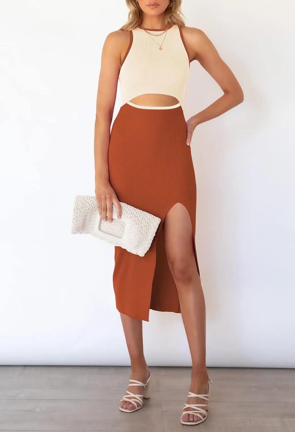Cutiefox Women's Sleeveless Cut Out Side Slit Ribbed Knit Bodycon Tank Midi Dress