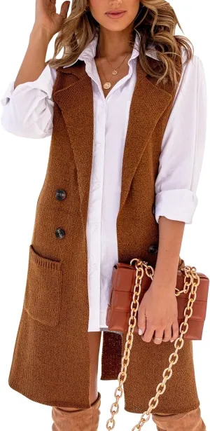 Danedvi Women Open Front Lapel Collar Cardigan Vest Button Down Long Sweaters Cardigan Solid Outerwear Coats