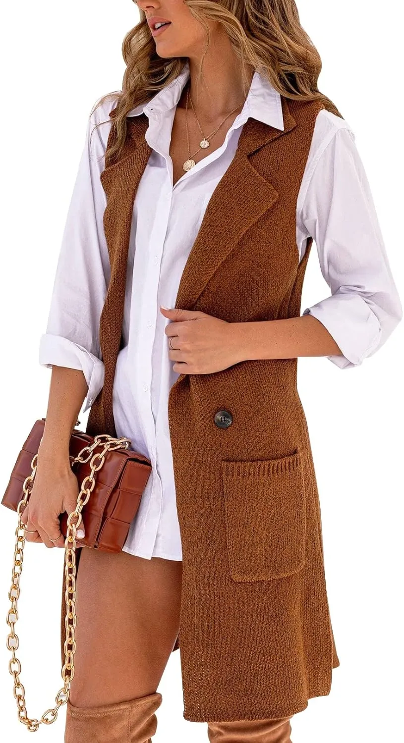 Danedvi Women Open Front Lapel Collar Cardigan Vest Button Down Long Sweaters Cardigan Solid Outerwear Coats
