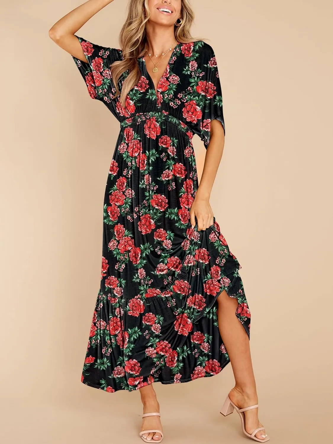DEEP SELF Women’s Summer V Neck Batwing Short Sleeve Maxi Dress Casual Loose High Waist Flowy Long Beach Dress