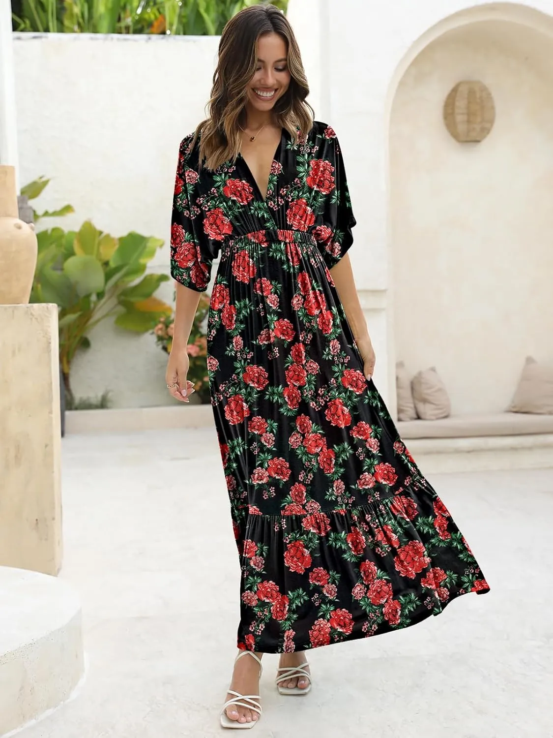DEEP SELF Women’s Summer V Neck Batwing Short Sleeve Maxi Dress Casual Loose High Waist Flowy Long Beach Dress