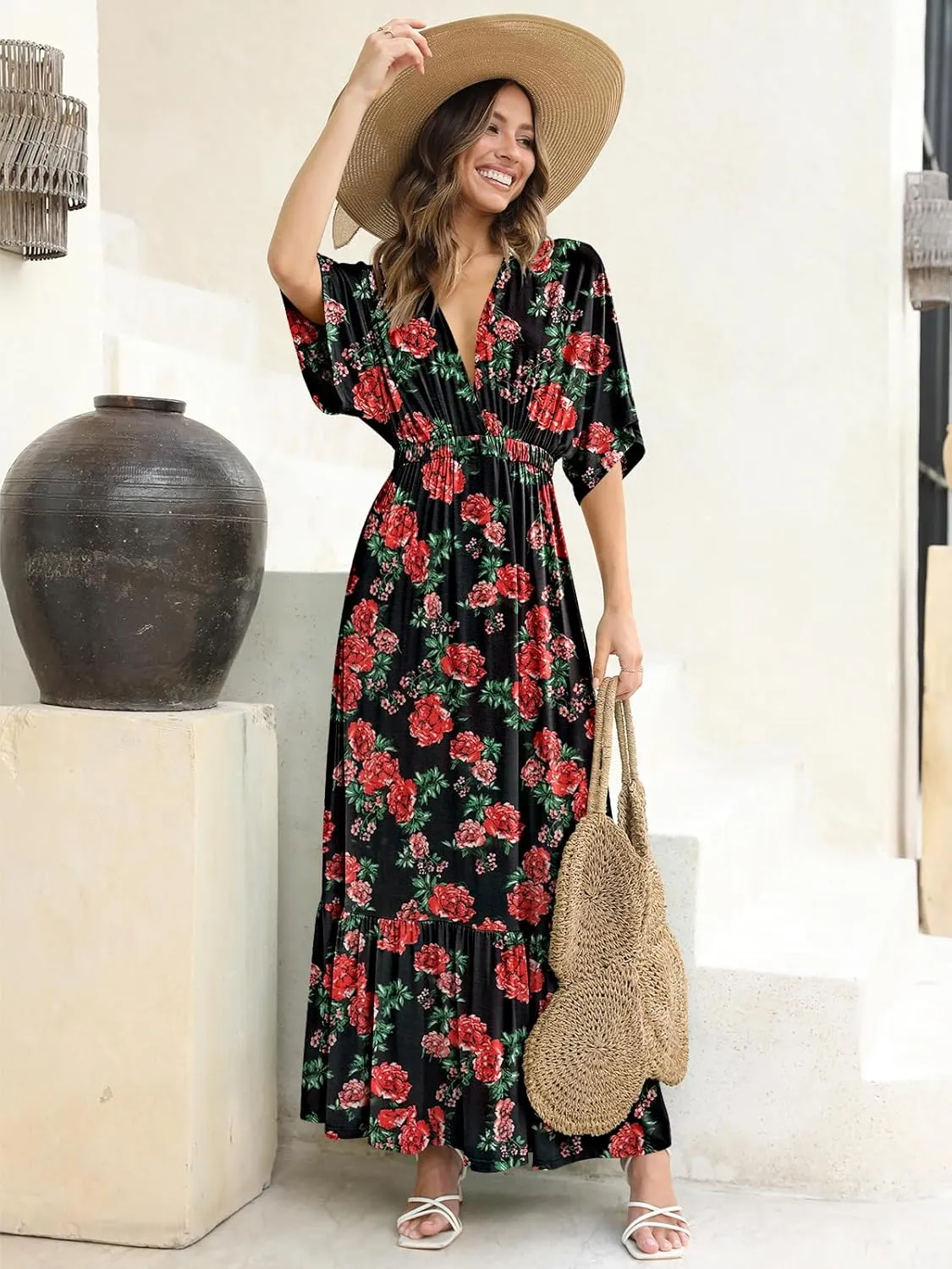 DEEP SELF Women’s Summer V Neck Batwing Short Sleeve Maxi Dress Casual Loose High Waist Flowy Long Beach Dress
